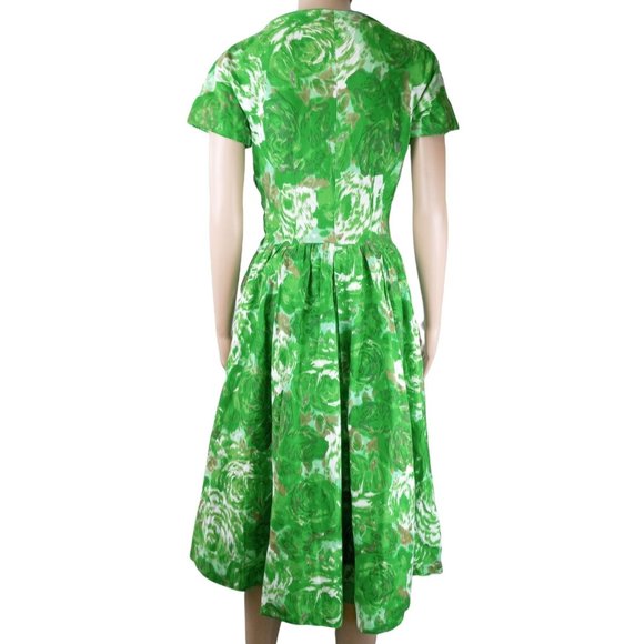 Vintage Dress 50s Floral Green Bow Vogue Women Small Pin Up Skater Rockabilly - Picture 6 of 13
